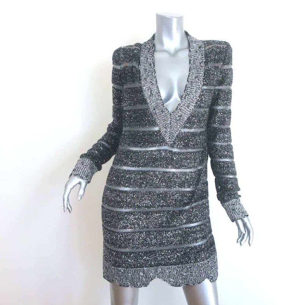 Balmain Sequined Striped Distressed Knit Mini Sweater Dress Black/Silver Size 36